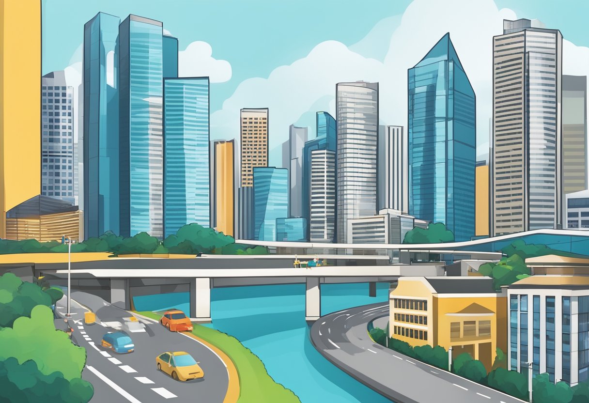 A bustling Singapore cityscape with corporate buildings and financial institutions, accompanied by charts and graphs representing corporate tax rates and regulations