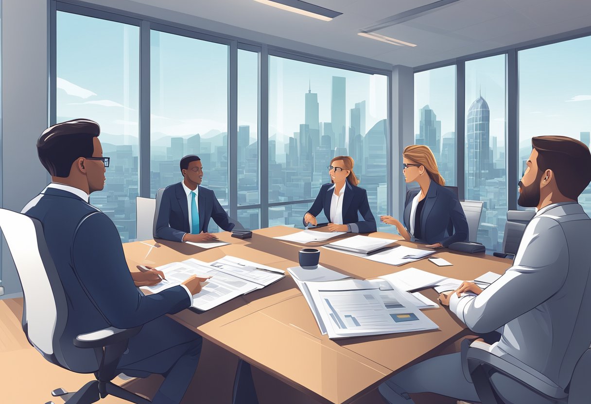 A group of business executives discussing tax strategies in a modern office boardroom with city skyline views