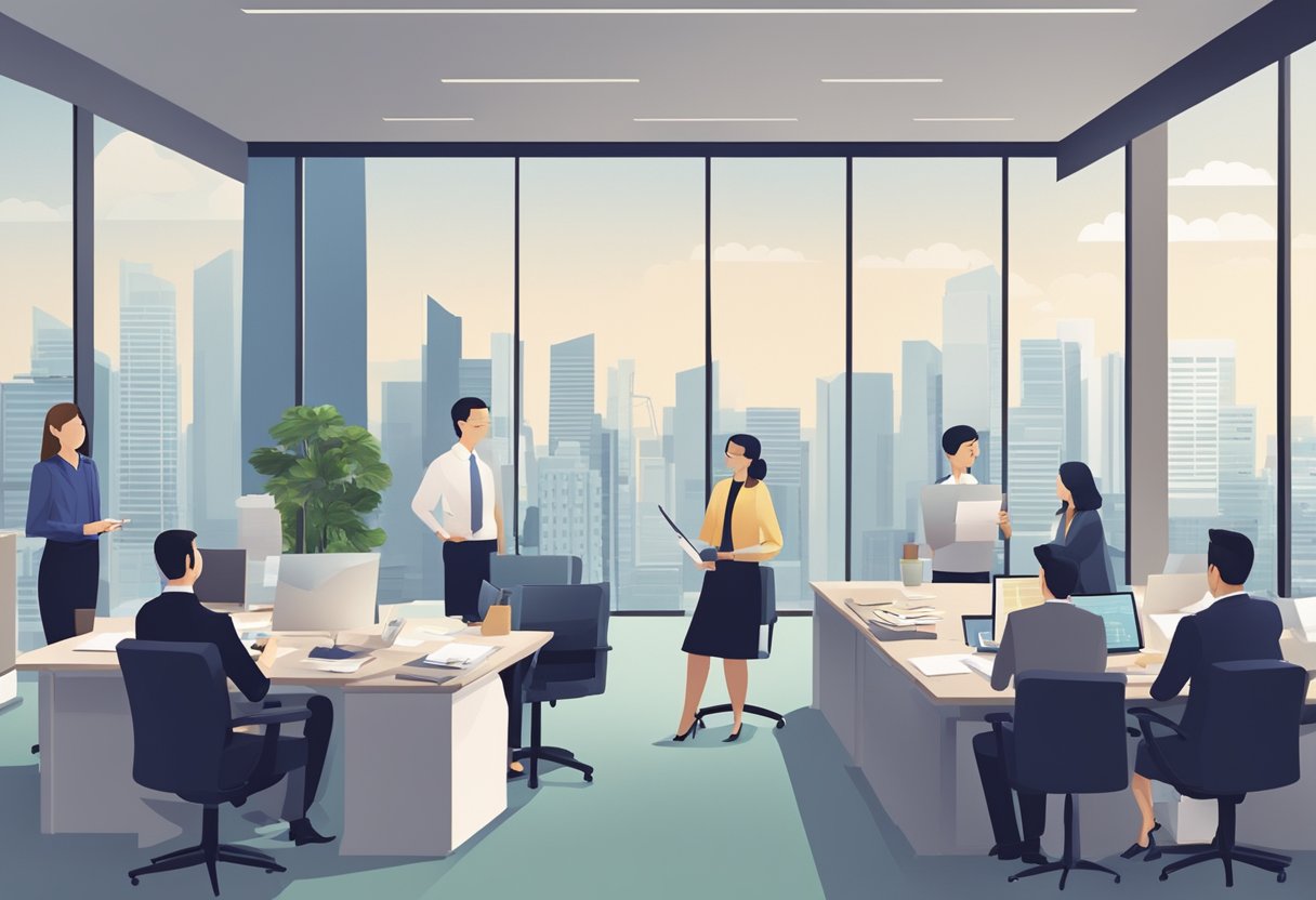 A group of professionals discussing corporate tax regulations in a modern office setting in Singapore. The room is filled with charts, graphs, and legal documents