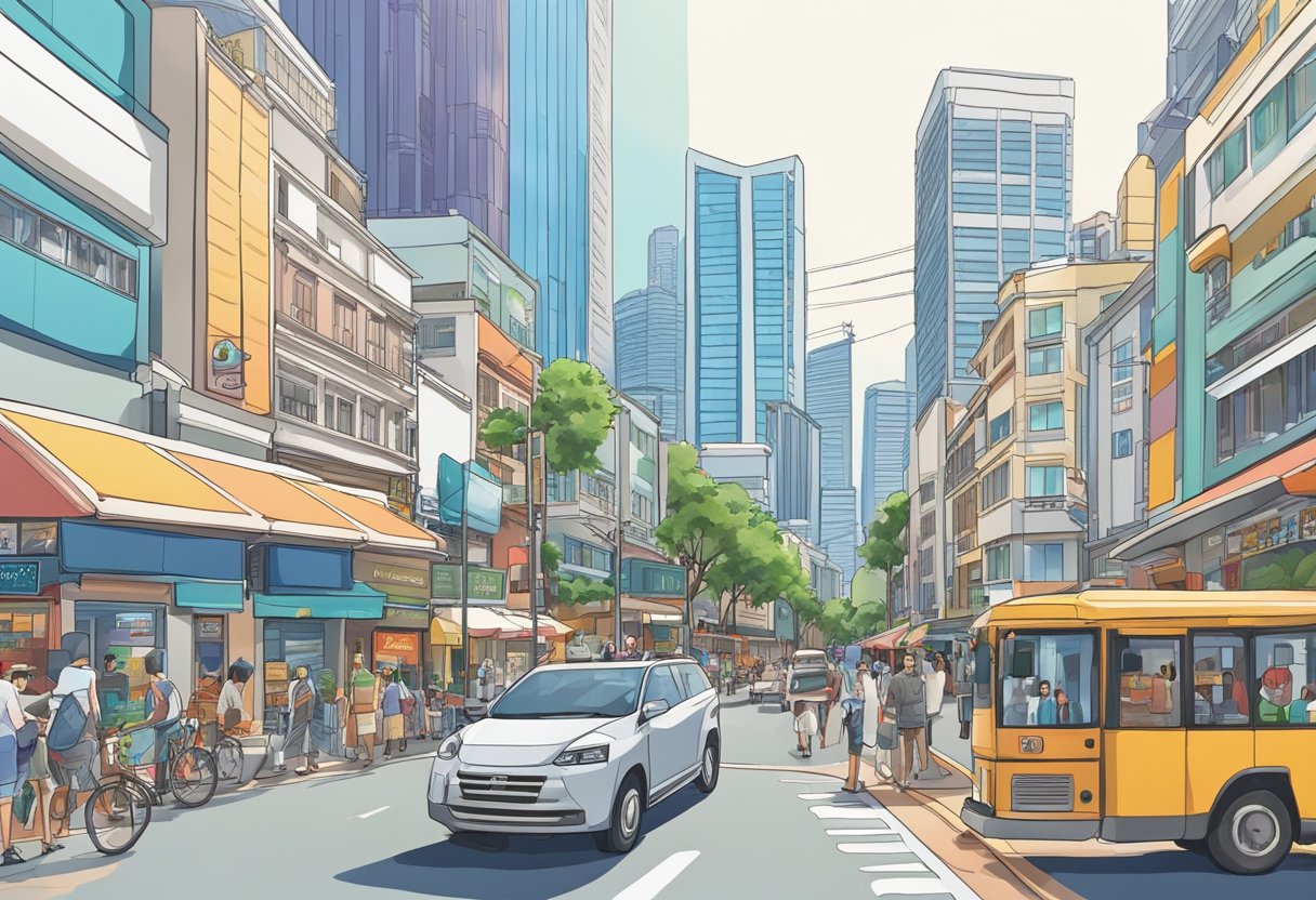 A bustling street in Singapore, with tall buildings and colorful storefronts, set against a clear blue sky
