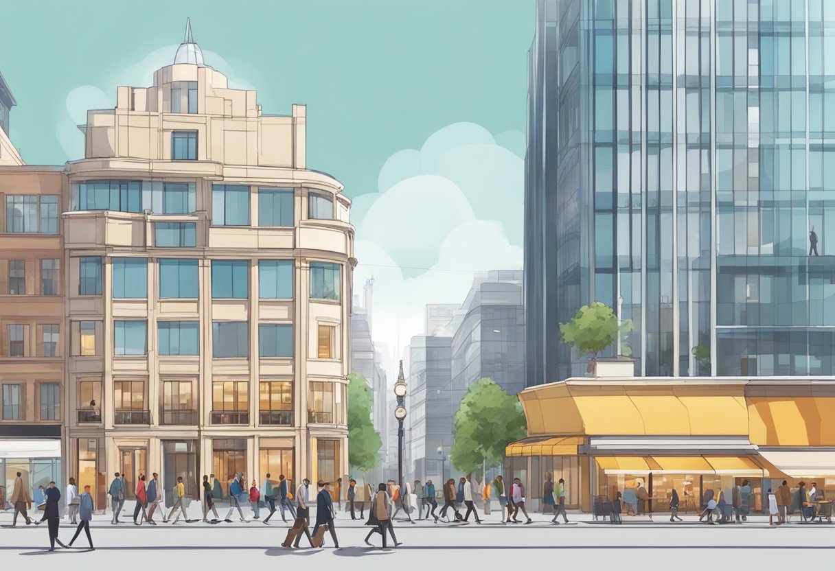 People walking in front of IMM Building, surrounded by shops and restaurants, with the iconic architecture of the building in the background
