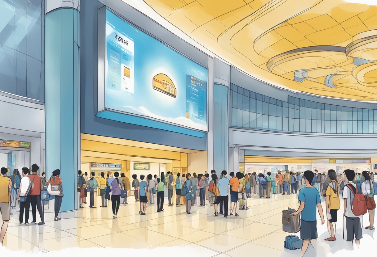 The bustling lobby of the IMAX theatre in Singapore, with a queue of people waiting to purchase tickets and a large screen displaying showtimes