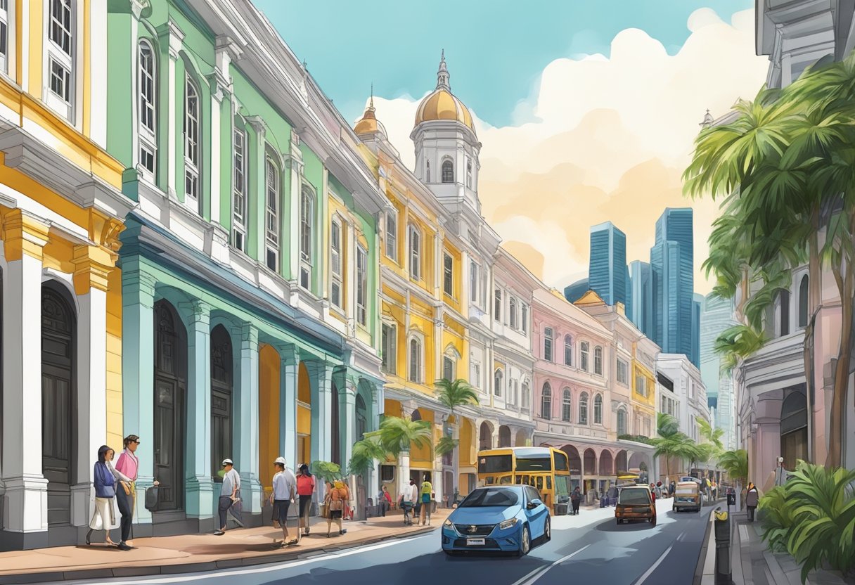 The bustling Victoria Street in Chijmes, Singapore, with its vibrant mix of colonial architecture and modern skyscrapers