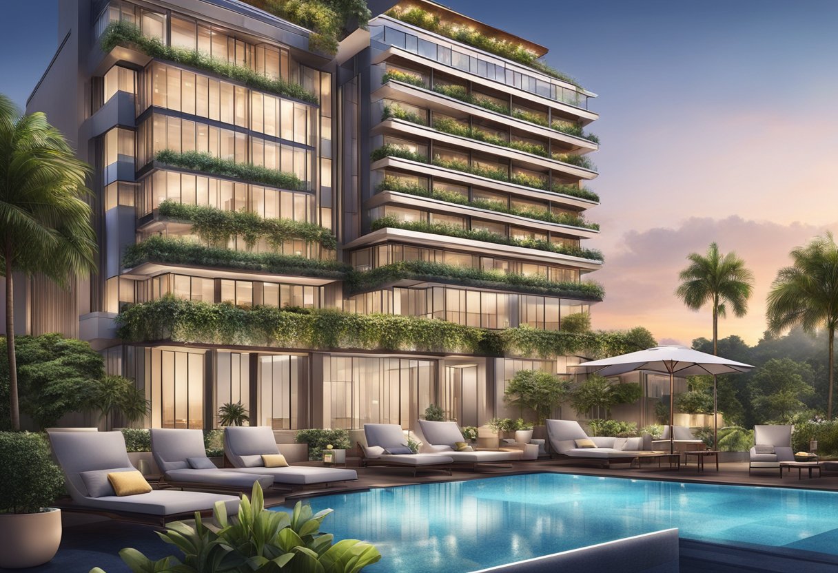 A luxurious 4-star hotel in Singapore, with a modern facade, lush landscaping, and a sparkling rooftop pool