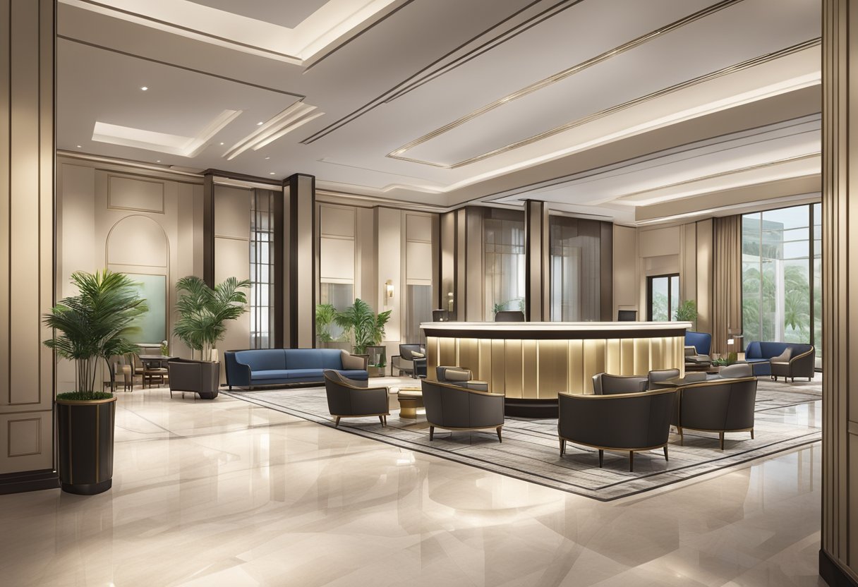A luxurious 4-star hotel lobby in Singapore, with modern furnishings, a sleek check-in desk, and a welcoming atmosphere