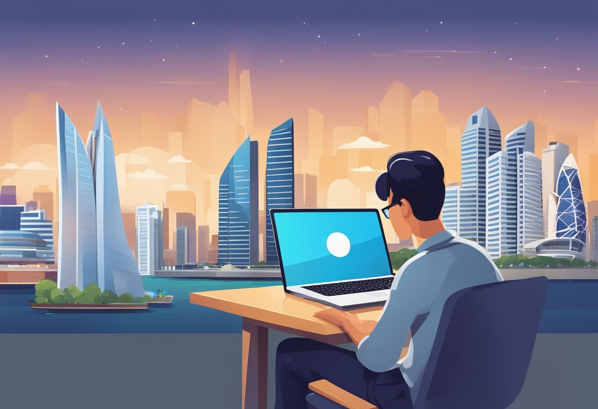 A person using a laptop to book a 4-star hotel in Singapore, with a city skyline in the background
