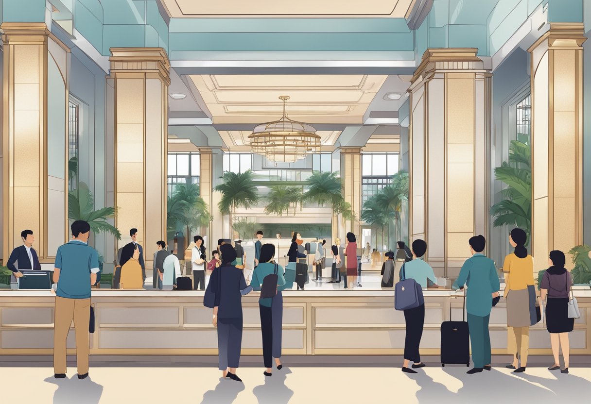 A bustling hotel lobby in Singapore, with guests checking in and out, staff assisting, and a prominent sign displaying "Frequently Asked Questions" for 4-star accommodations