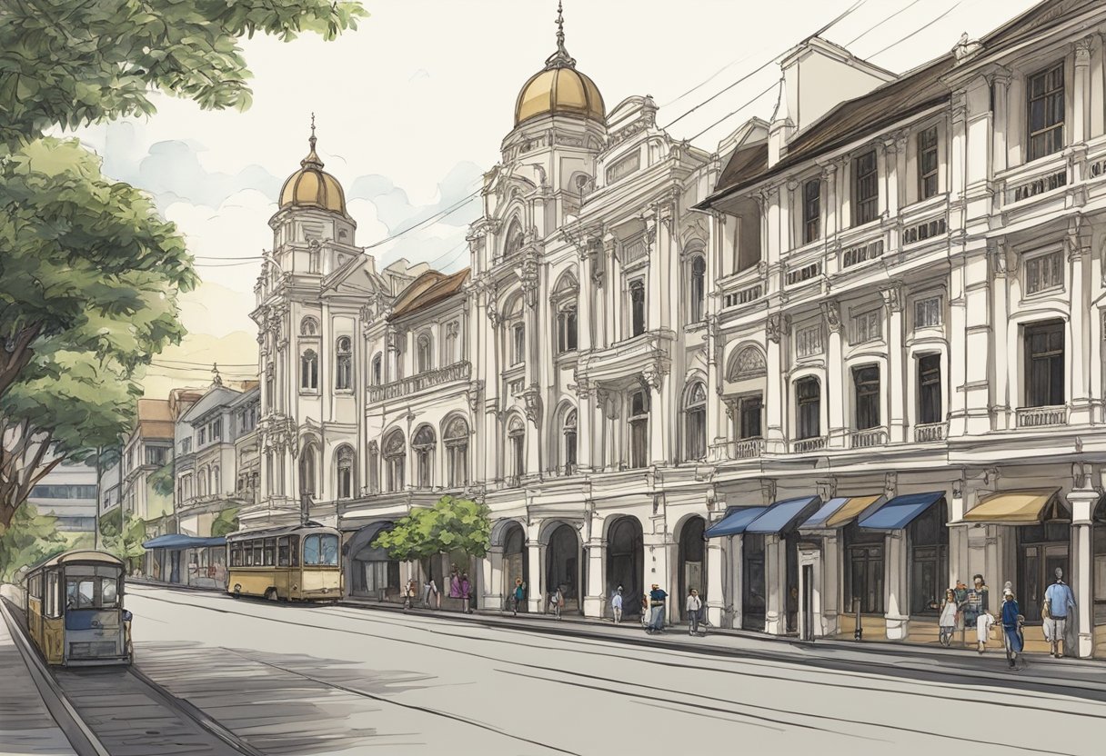 Victorian-style buildings line Victoria Street, leading to the historic Chijmes complex in Singapore. Rich heritage and history are evident in the architecture