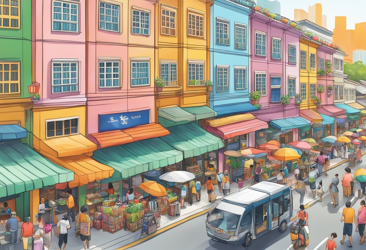 A bustling street in Singapore, with colorful shophouses and vibrant street vendors, showcasing the unique blend of traditional and modern architecture