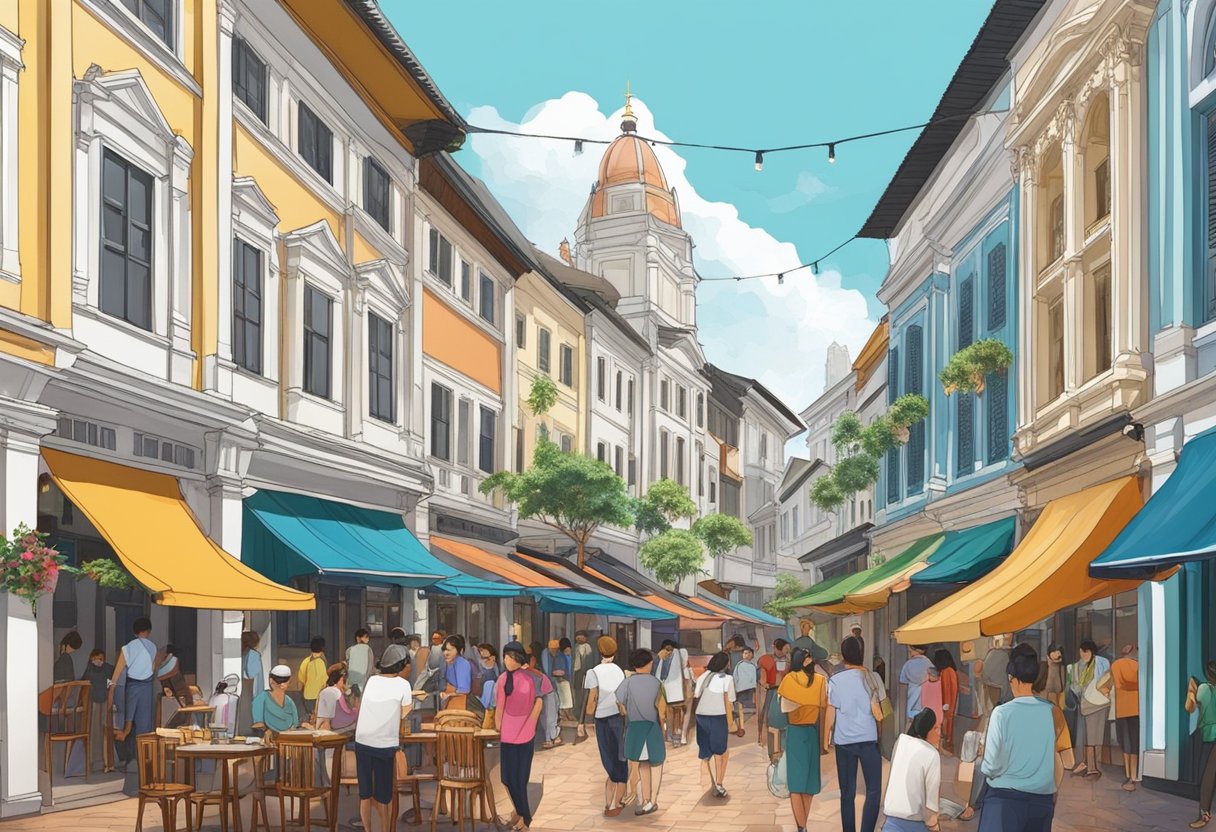 A bustling street lined with vibrant restaurants and lively entertainment venues, set against the backdrop of historic Chijmes in Victoria Street, Singapore