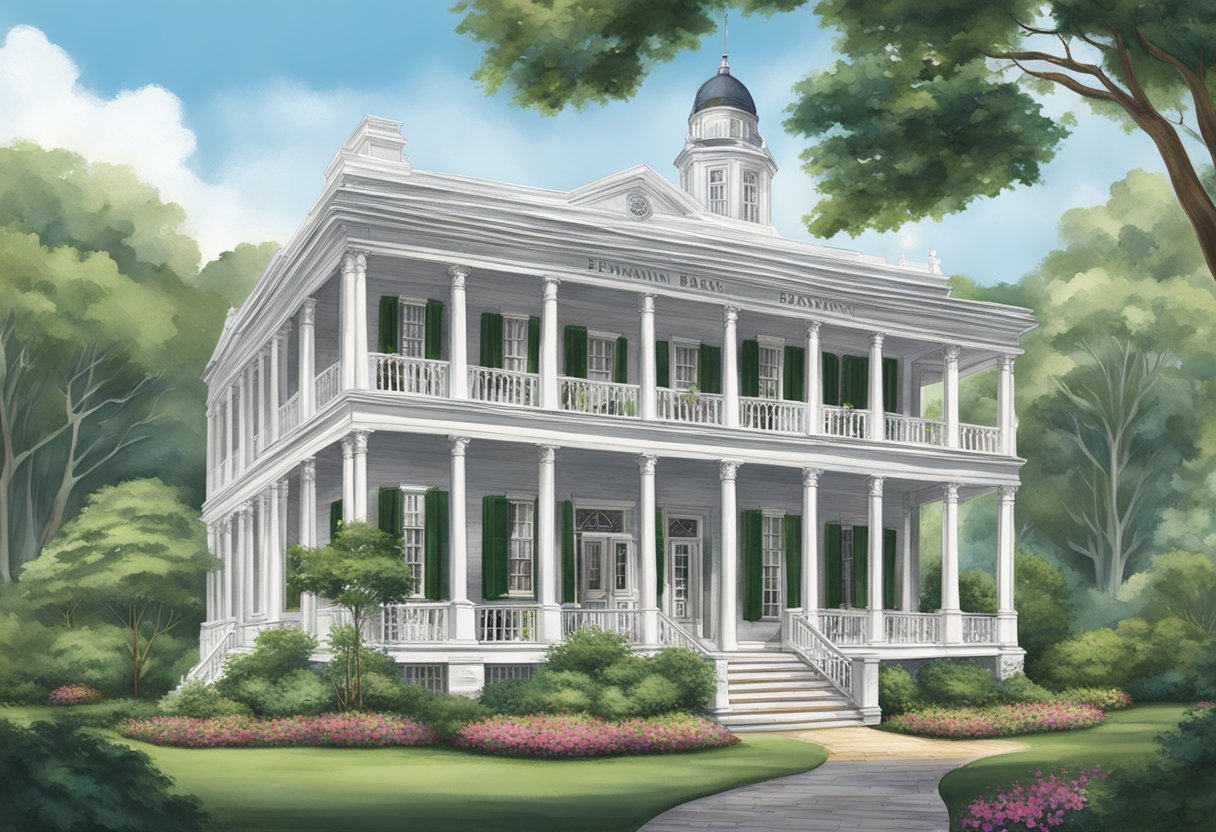 A grand colonial building with the Benjamin Barker logo prominently displayed, surrounded by lush greenery and historical architecture