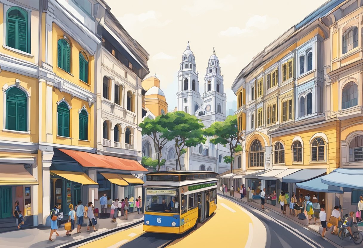A bustling street with iconic Chijmes building in the background, showcasing the vibrant atmosphere of Victoria Street in Singapore