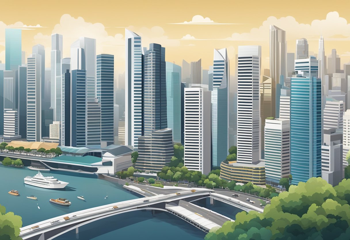 A cityscape of Singapore featuring the iconic skyline with its modern skyscrapers and the bustling activity of the city streets below
