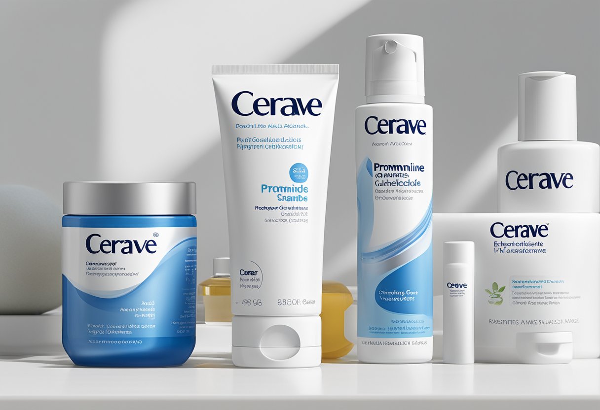 A bottle of Cerave skincare products sits on a clean, white countertop. The label prominently displays its key ingredients, including ceramides, hyaluronic acid, and niacinamide