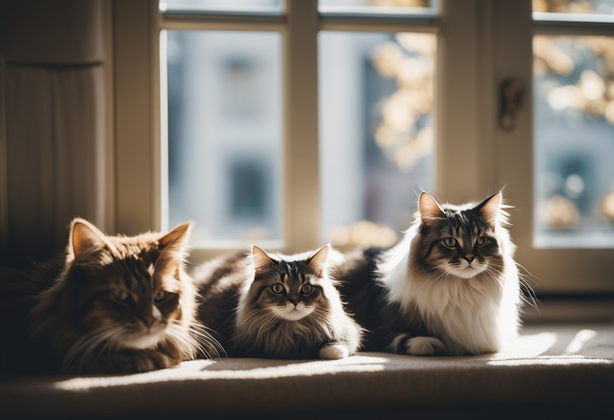 Various house cat breeds lounging in a cozy living room, with a tabby cat perched on a windowsill and a fluffy Persian cat curled up on a plush rug