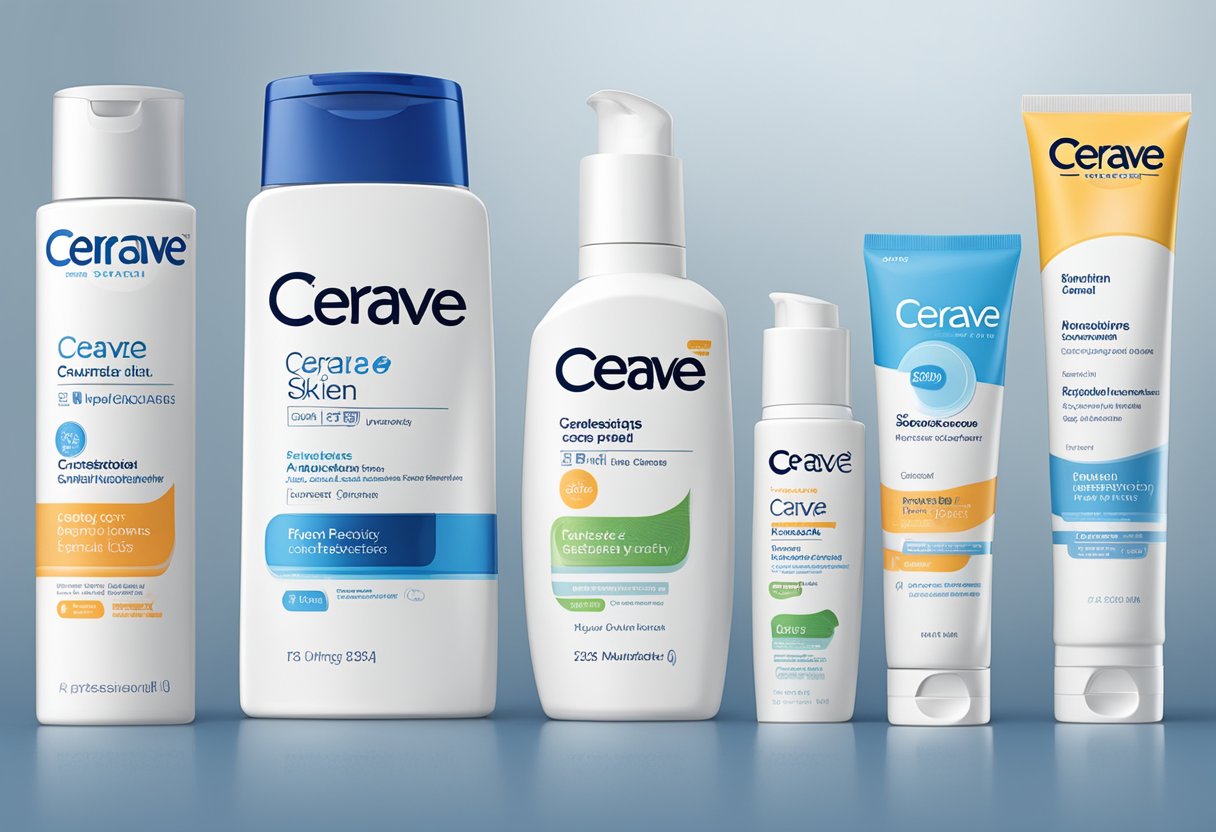 A lineup of Cerave skincare products with labels highlighting their various skin benefits