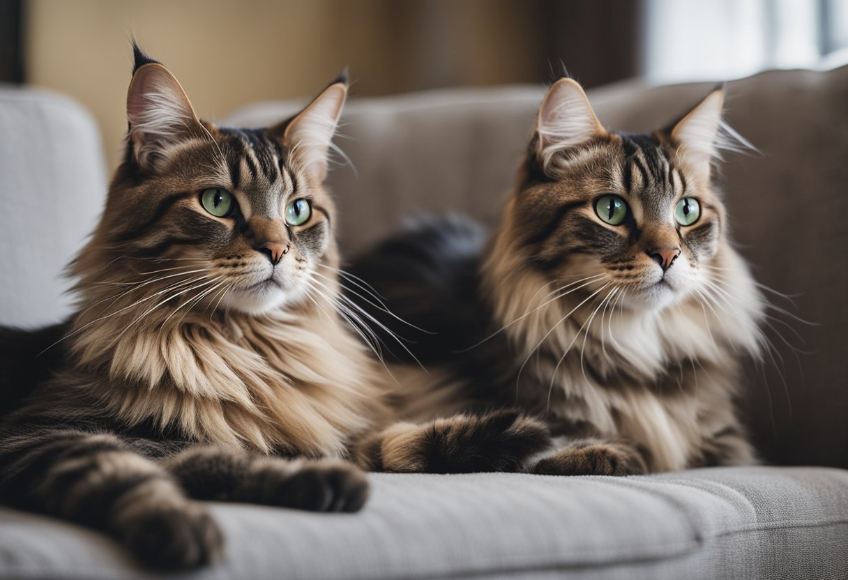 Various popular house cat breeds lounging in a cozy living room, with a mix of tabbies, Siamese, Persians, and Maine Coons