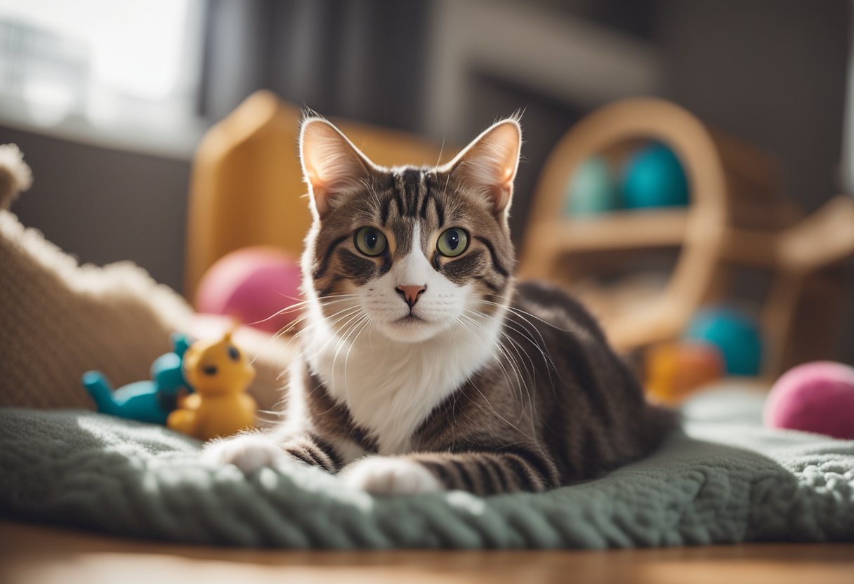 Several household cat breeds sit and play in a cozy living room, surrounded by toys and comfortable furniture