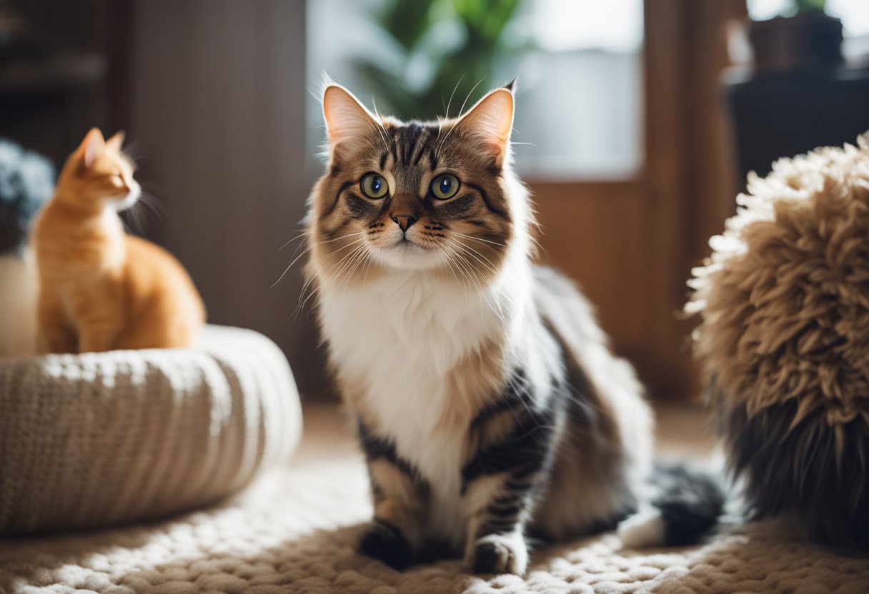 A variety of cat breeds sit or play in a cozy home setting, showcasing different sizes, colors, and fur types