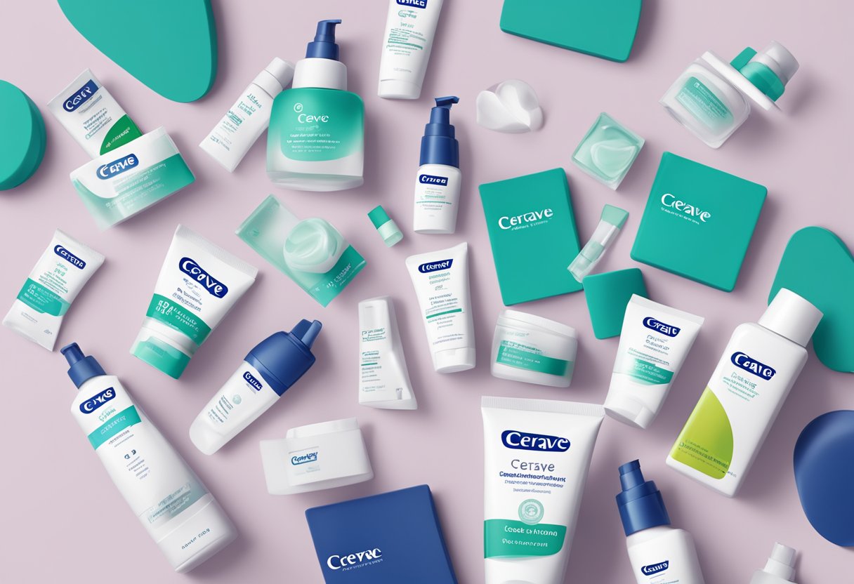 A stack of FAQ cards with "Cerave Singapore" logo, surrounded by various skincare products on a clean, white background