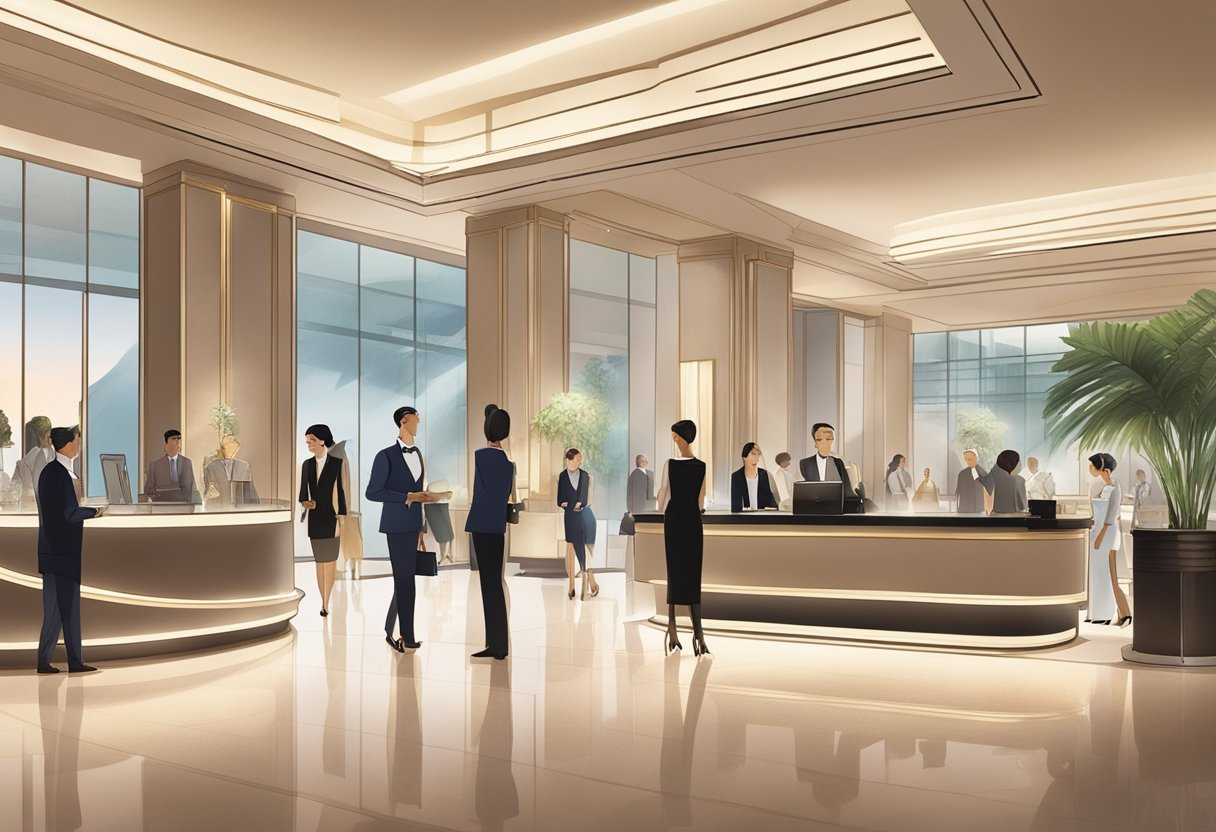 The lobby of Conrad Singapore bustling with guests, a concierge assisting a couple, while others line up at the reception desk. A modern, luxurious setting with sleek decor and warm lighting