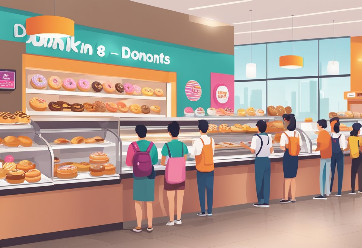 A bustling Dunkin Donuts store in Singapore, with colorful signage and a display of freshly baked pastries and donuts. Customers queue at the counter