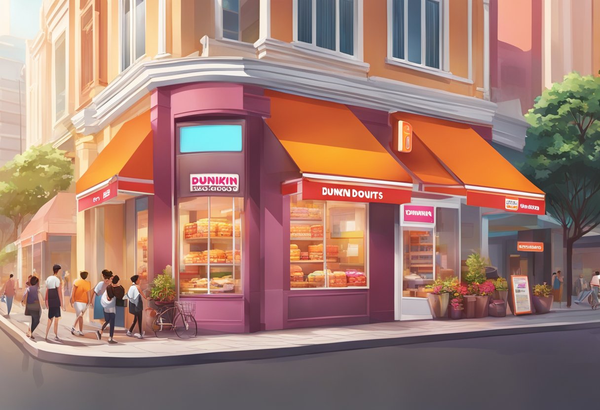 Dunkin' Donuts Singapore: A bustling storefront with bright red and orange signage, open from early morning until late evening