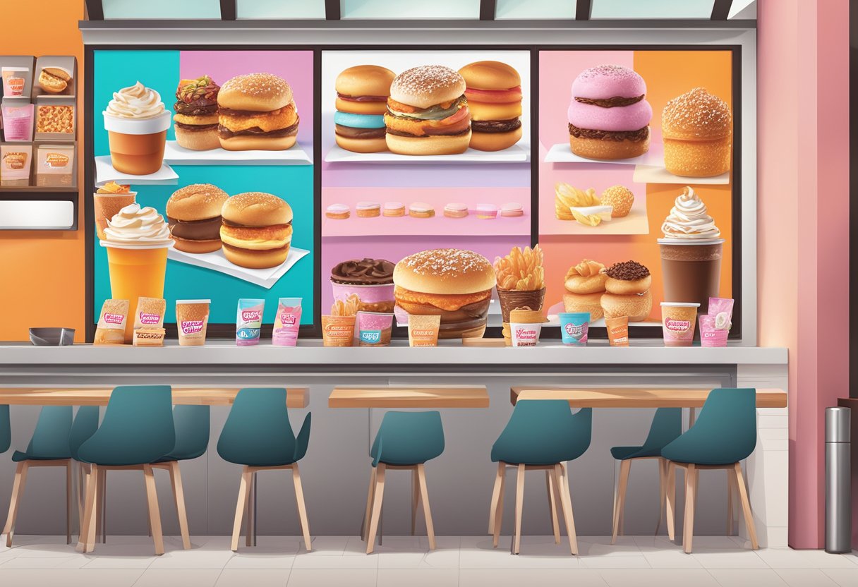 A colorful menu board displays various Dunkin Donuts offerings and special deals in a bustling Singapore location