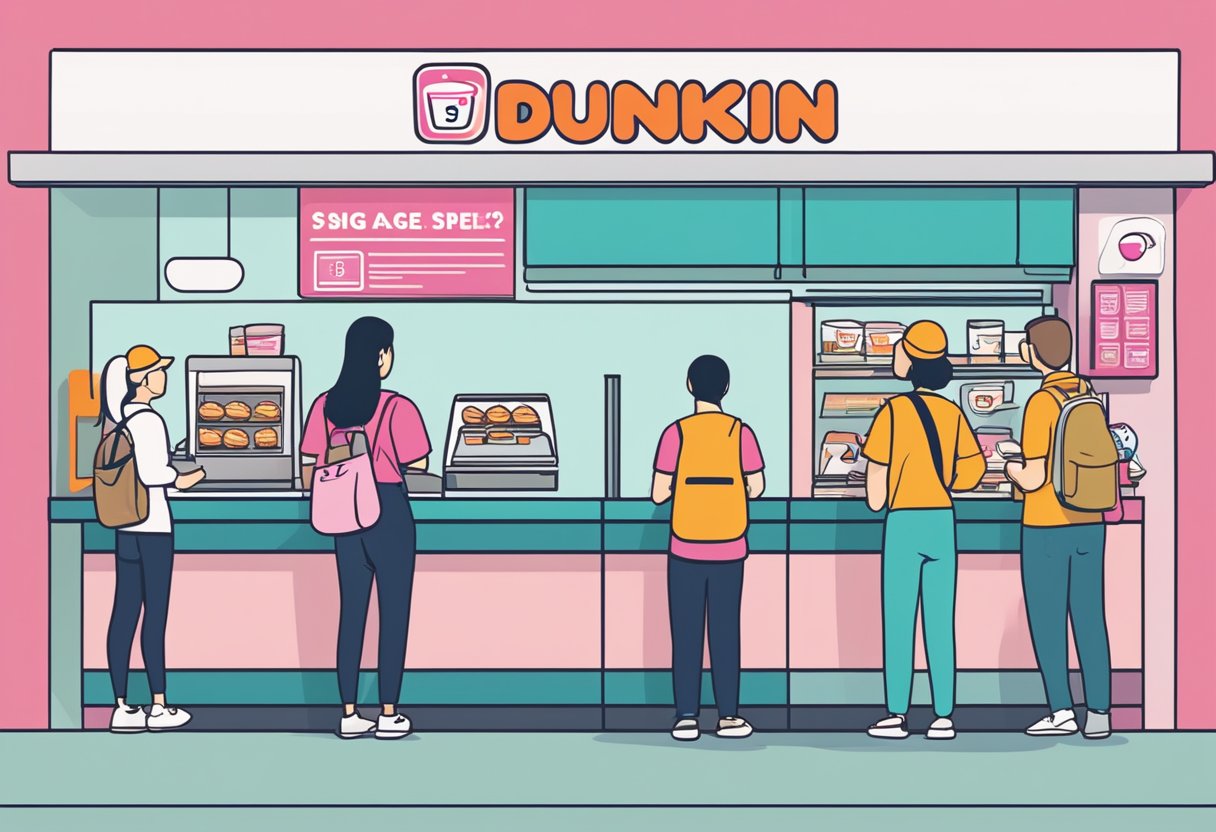 Customers lining up at a Dunkin' Donuts counter in Singapore, with a prominent "Frequently Asked Questions" sign