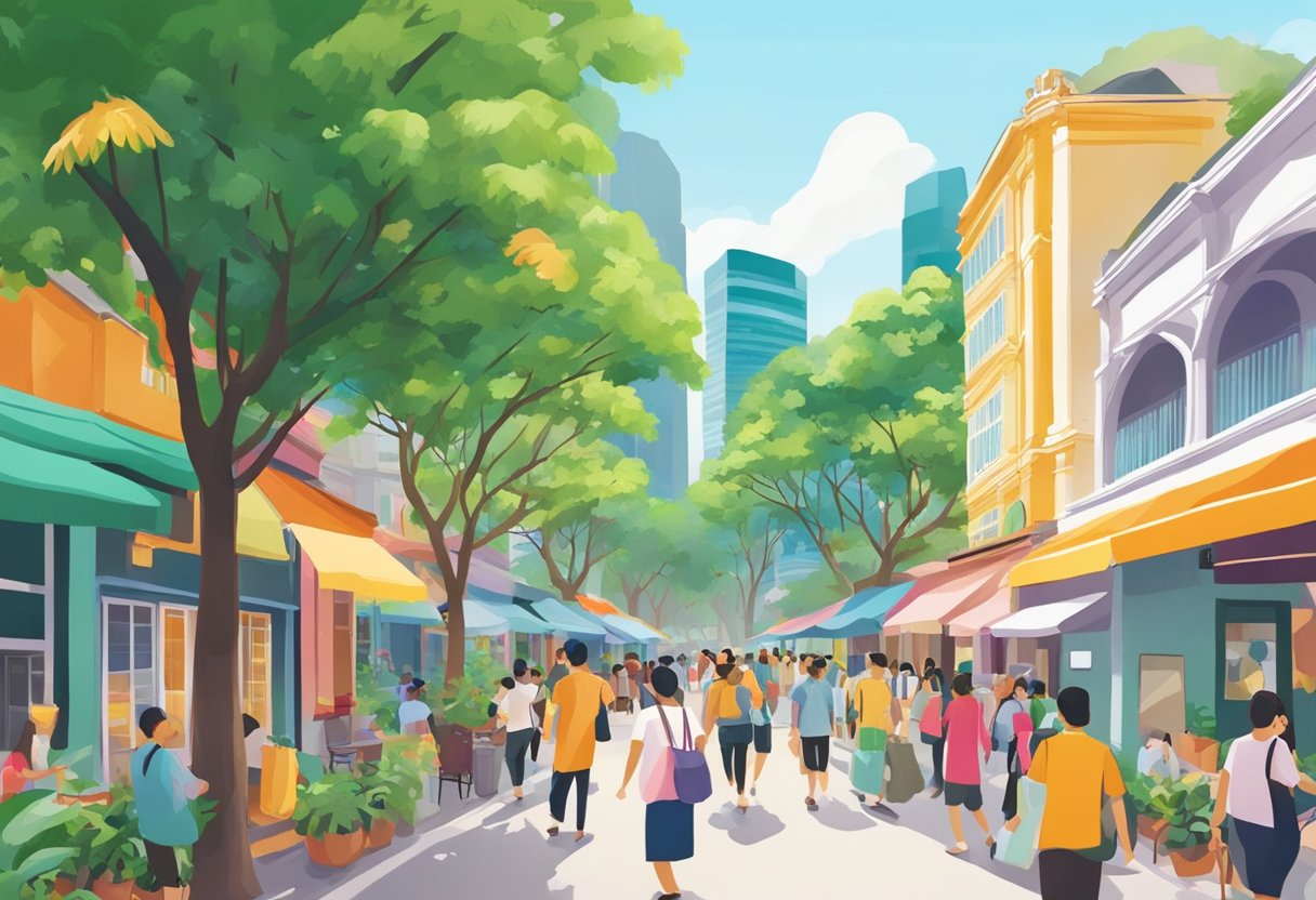 A bustling street in Singapore, with colorful buildings, lush greenery, and people going about their day