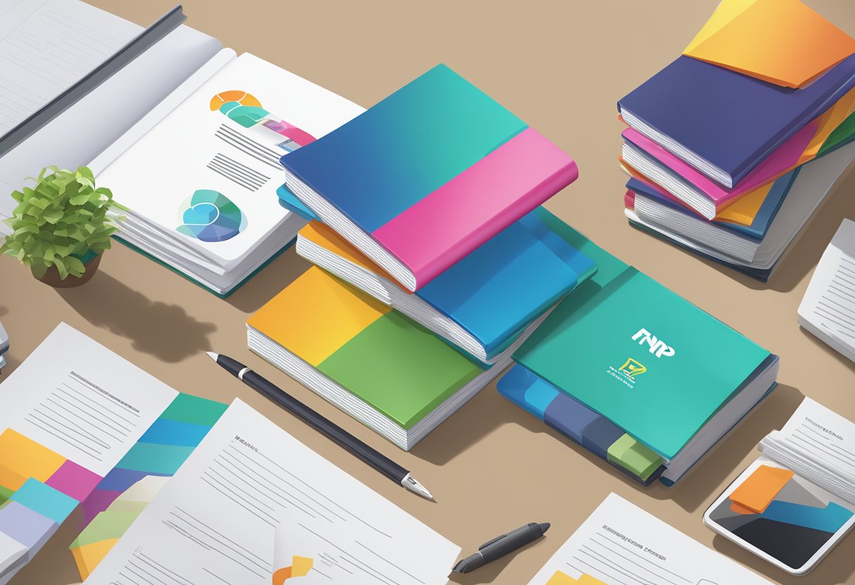 A stack of colorful brochures with "Frequently Asked Questions FNP Singapore" printed on the cover, surrounded by a laptop, pen, and notepad