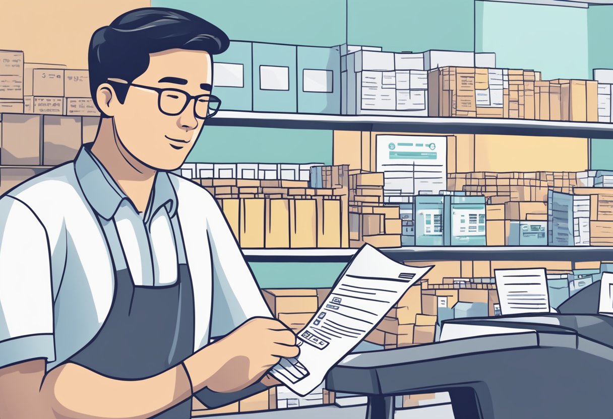 A customer at a Singaporean store, holding a receipt and filling out forms, while a staff member explains the GST refund process