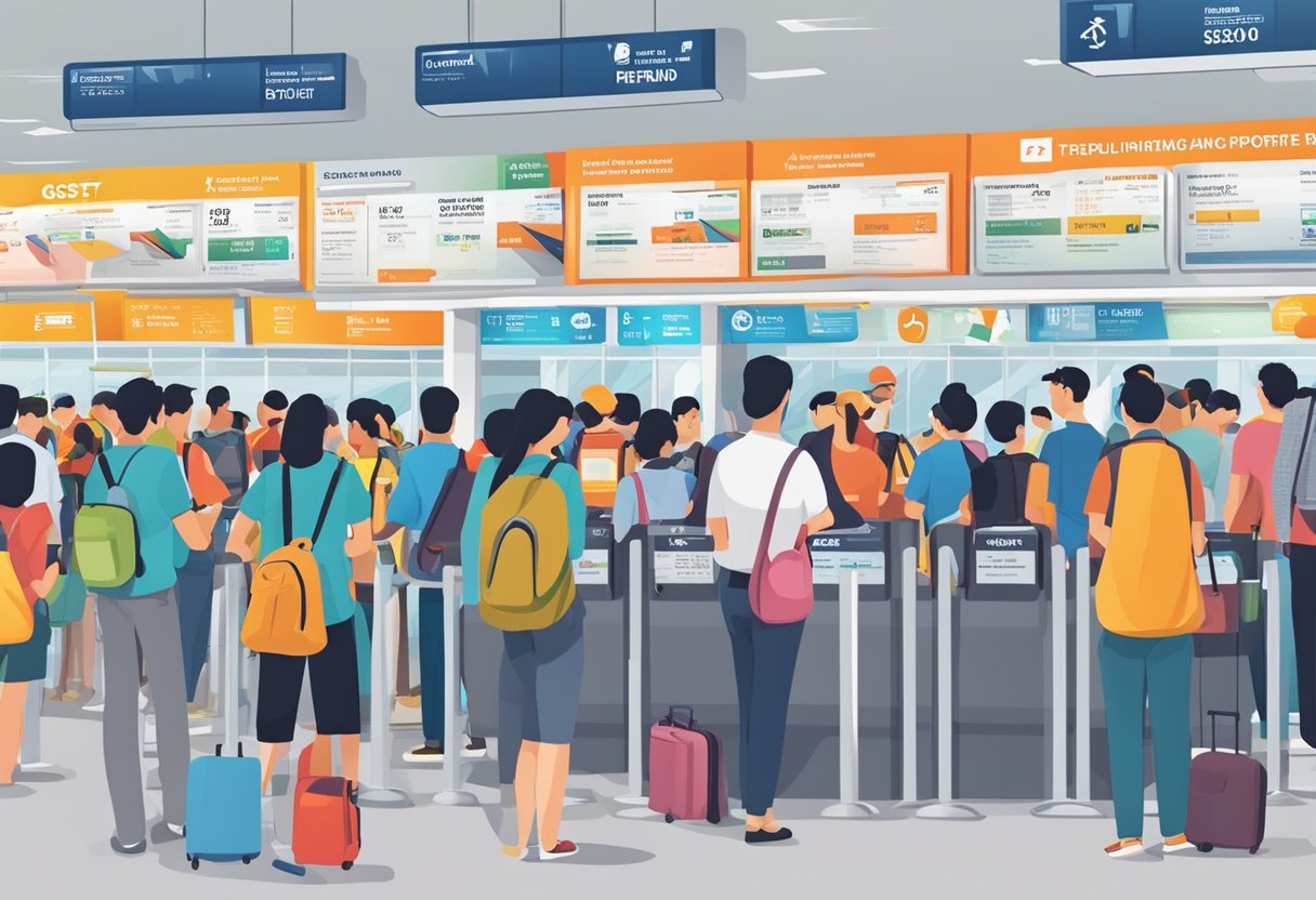 A crowded airport with travelers lining up at a GST refund counter in Singapore. Signs and pamphlets about GST refund are prominently displayed