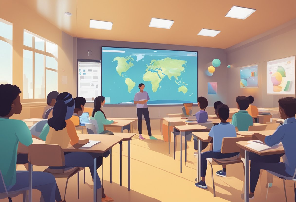 A classroom scene with students interacting with AR technology projected onto screens or surfaces, with digital objects and information overlaid on the physical environment