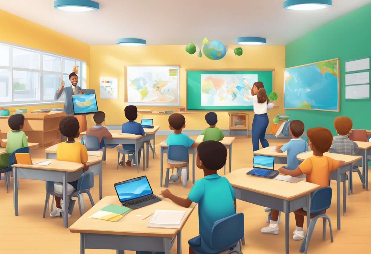 A classroom scene with AR technology enhancing learning materials and engaging students in interactive educational activities