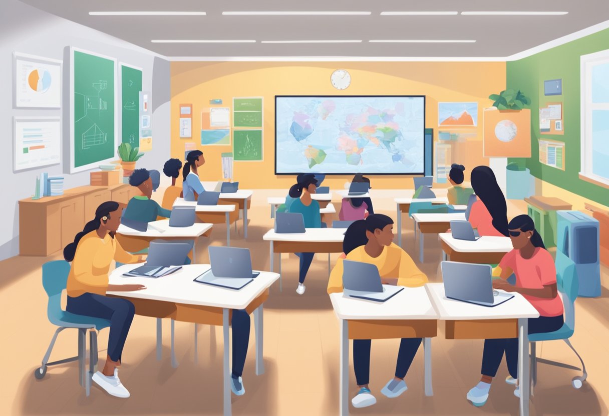 A classroom with students using AR technology to interact with virtual objects and information projected onto their desks and surrounding environment