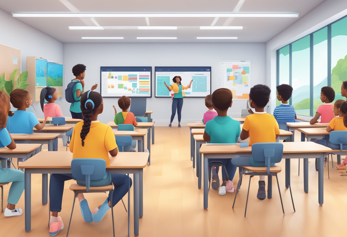 A classroom with AR technology displayed on screens, students engaged in interactive learning, and teachers guiding them through AR activities