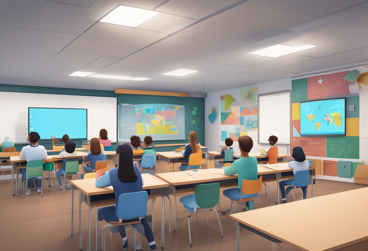 A classroom with students using AR to engage with interactive learning materials projected onto the walls and desks