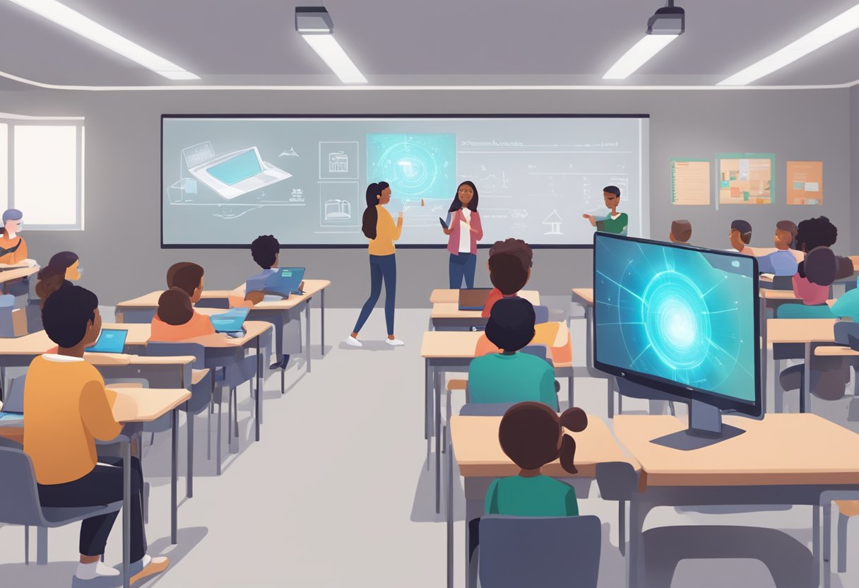 A classroom with students interacting with AR holograms projected on their desks, while the teacher navigates through the virtual content using a tablet