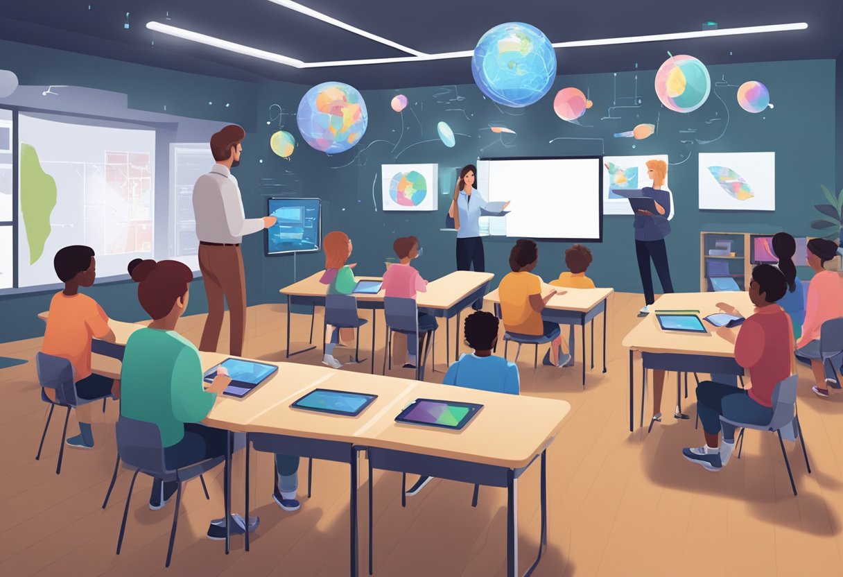 A classroom with students using AR devices to interact with virtual objects projected around the room, while the teacher observes and evaluates their learning outcomes