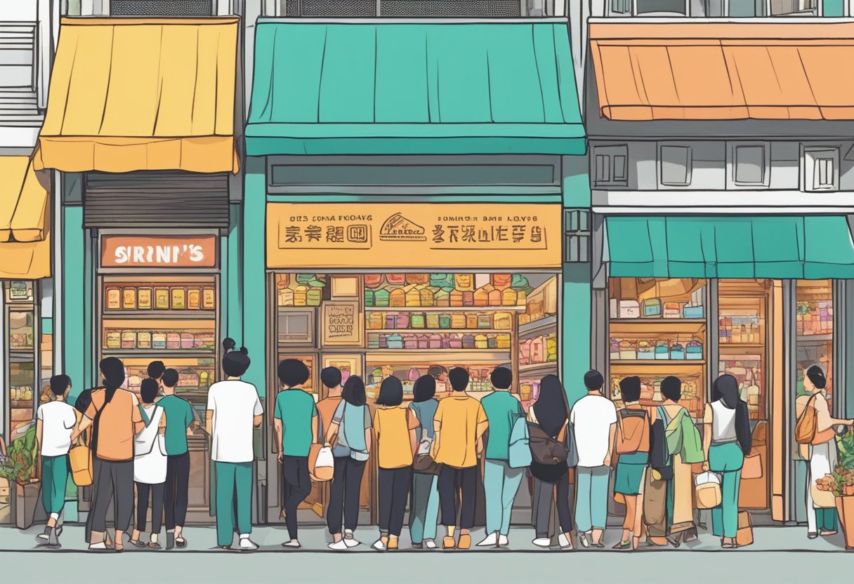 A bustling street with colorful storefronts, showcasing the iconic Irvin's Singapore brand. A crowd of eager customers lines up outside, drawn in by the irresistible aroma of the famous salted egg snacks