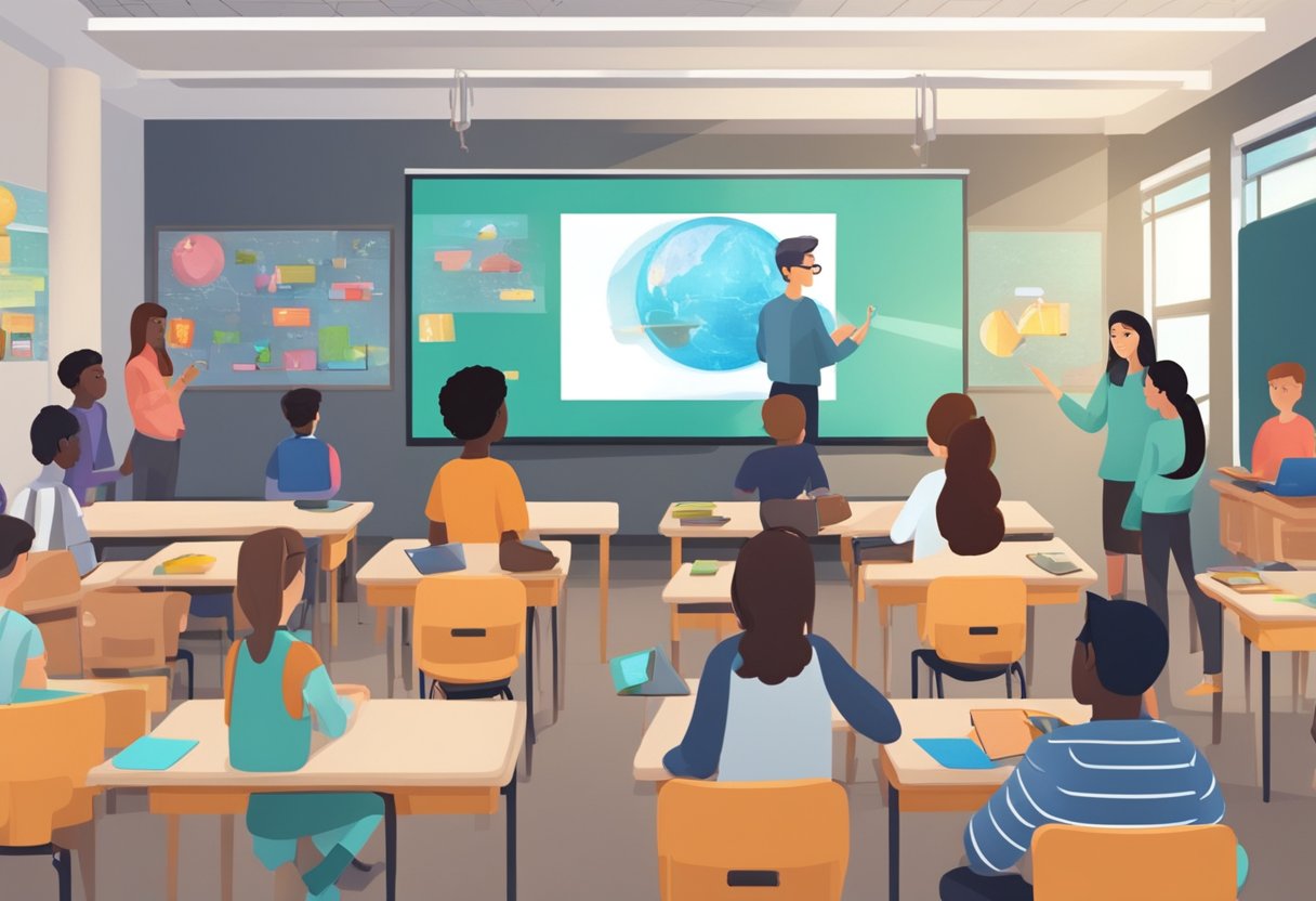 A classroom with students using AR technology to explore virtual objects and environments, while the teacher facilitates interactive learning experiences