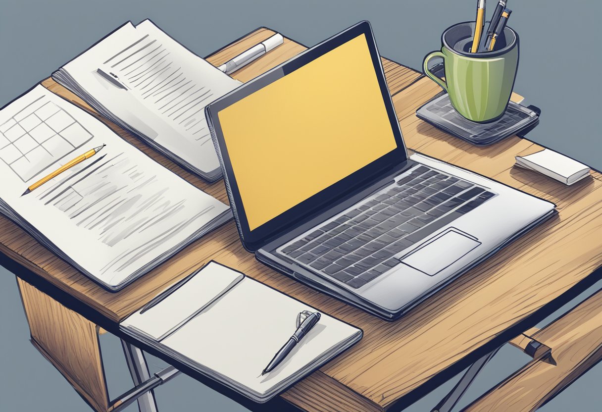 A table with a laptop, pen, and paper. A sign reads "Frequently Asked Questions irvins singapore" above