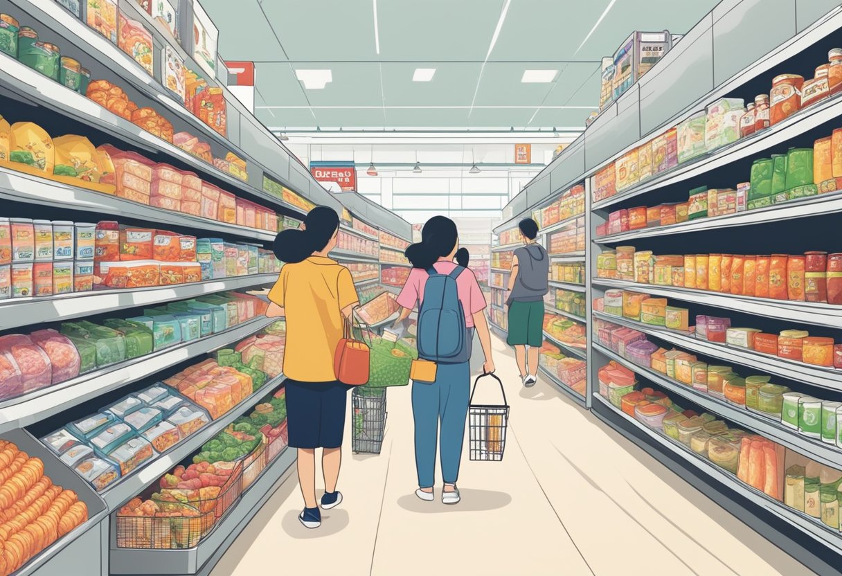 Customers browse colorful aisles of Korean products in a bustling Singapore supermarket. Shelves are stocked with kimchi, ramen, and traditional snacks