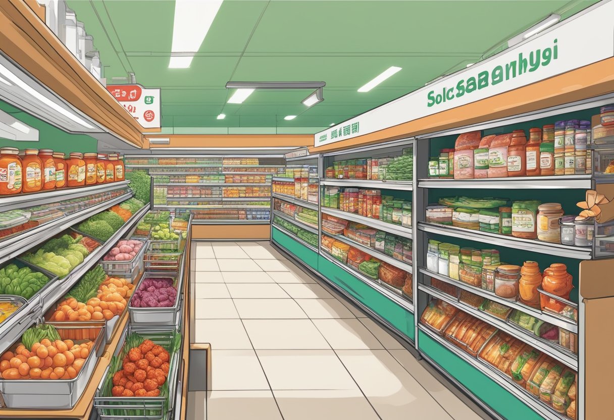 A bustling Korean supermarket in Singapore, filled with vibrant ingredients and traditional Korean food products. Shelves are lined with kimchi, gochujang, and fresh produce. Aisles are alive with the sounds of customers and the aroma of authentic Korean