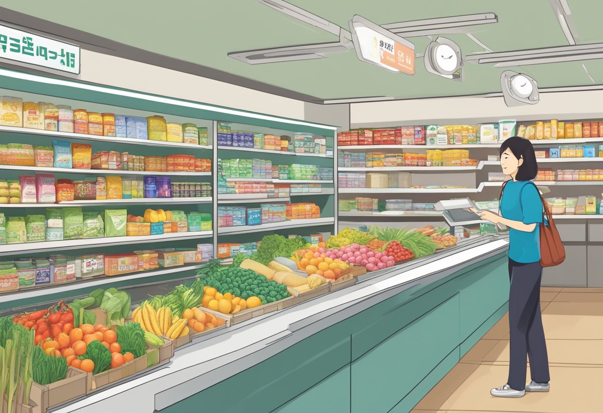 Shelves stocked with Korean groceries, customers browsing, sign "Frequently Asked Questions" in Korean and English, cashier at counter