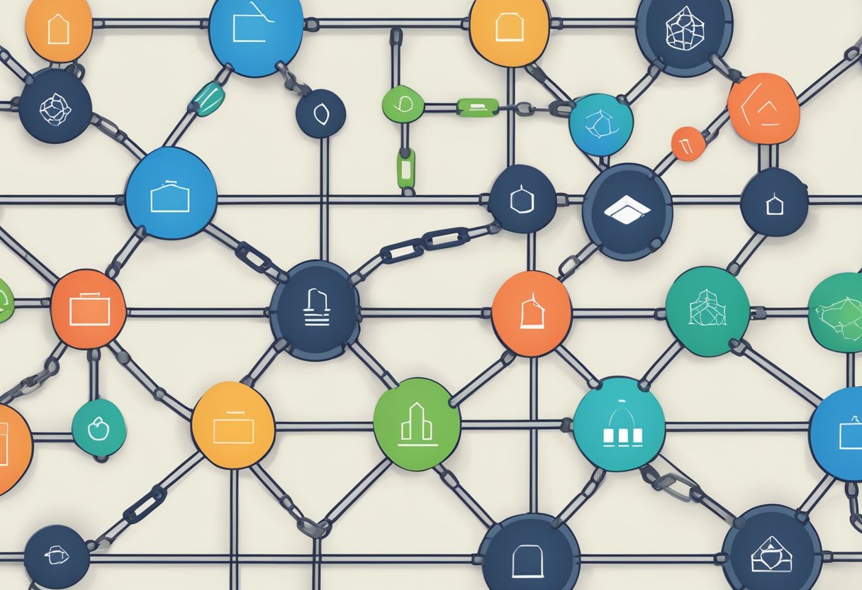 A network of interconnected blocks with encrypted data, representing educational credentials, linked together by chains