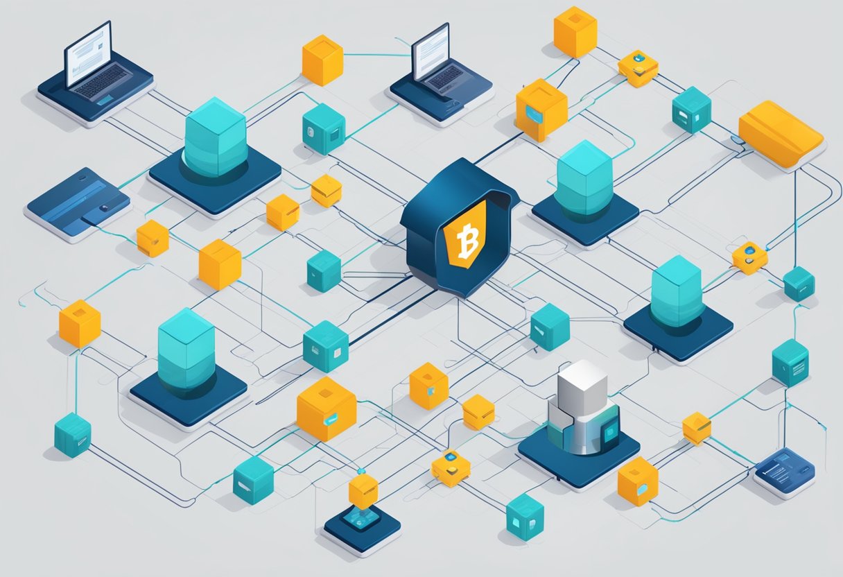 A blockchain network with interconnected nodes verifying and storing educational credentials securely