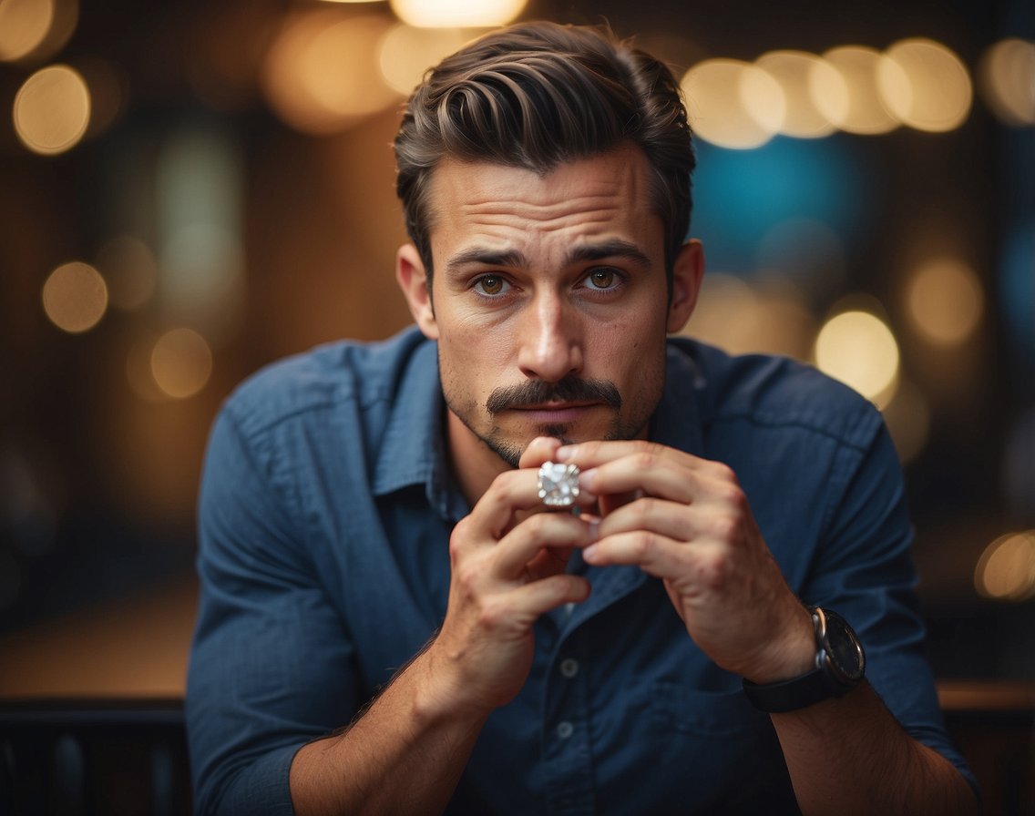 A man's hand holds a diamond ring, while a puzzled expression is seen on his face