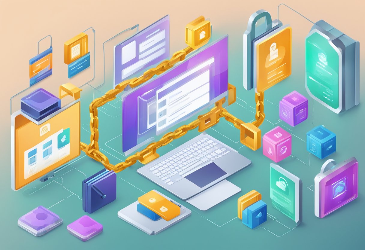 A computer screen displays a chain of interconnected blocks, each labeled with different educational credentials. A padlock icon signifies the security of the blockchain system